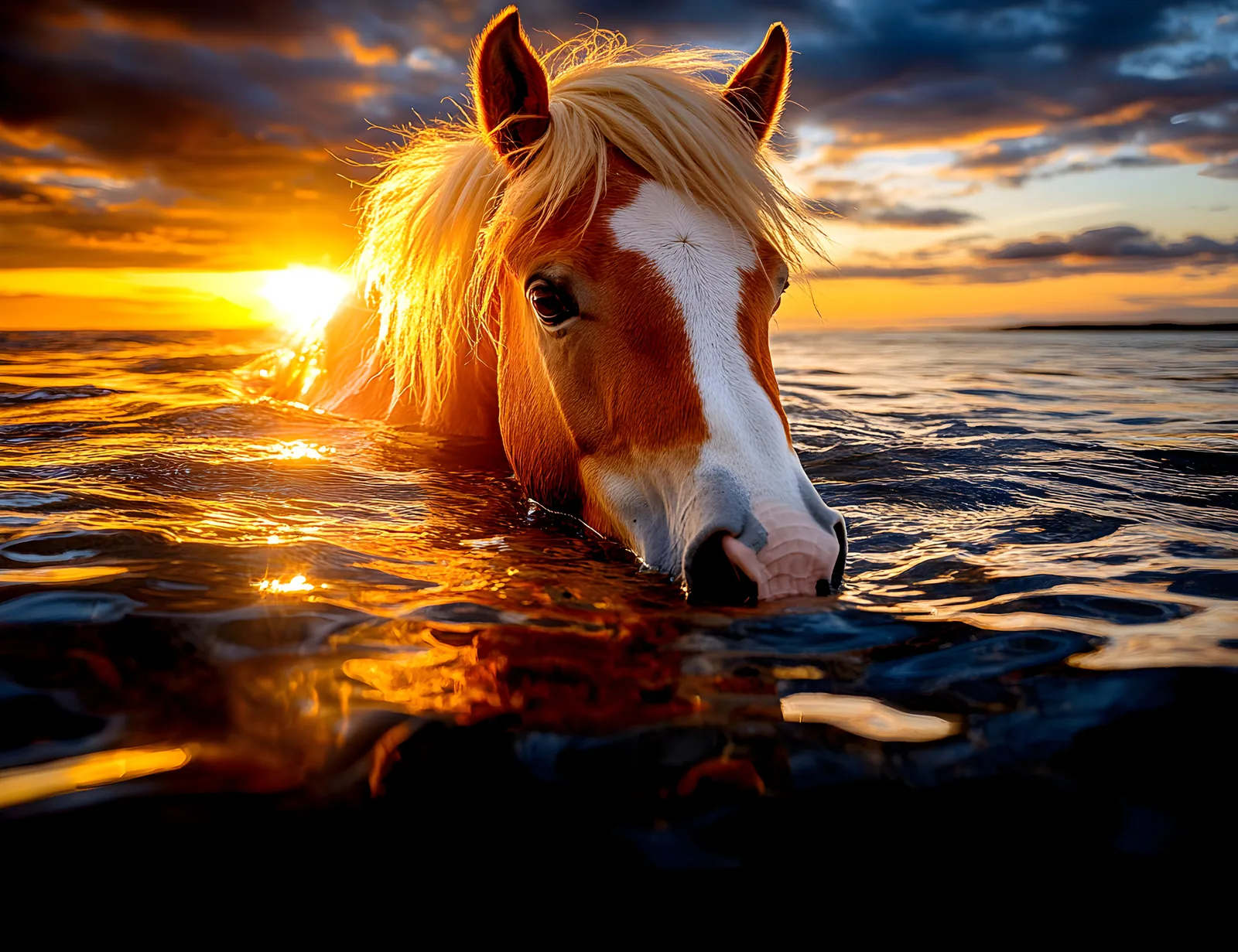 A chestnut horse swimming in the sea at sunset