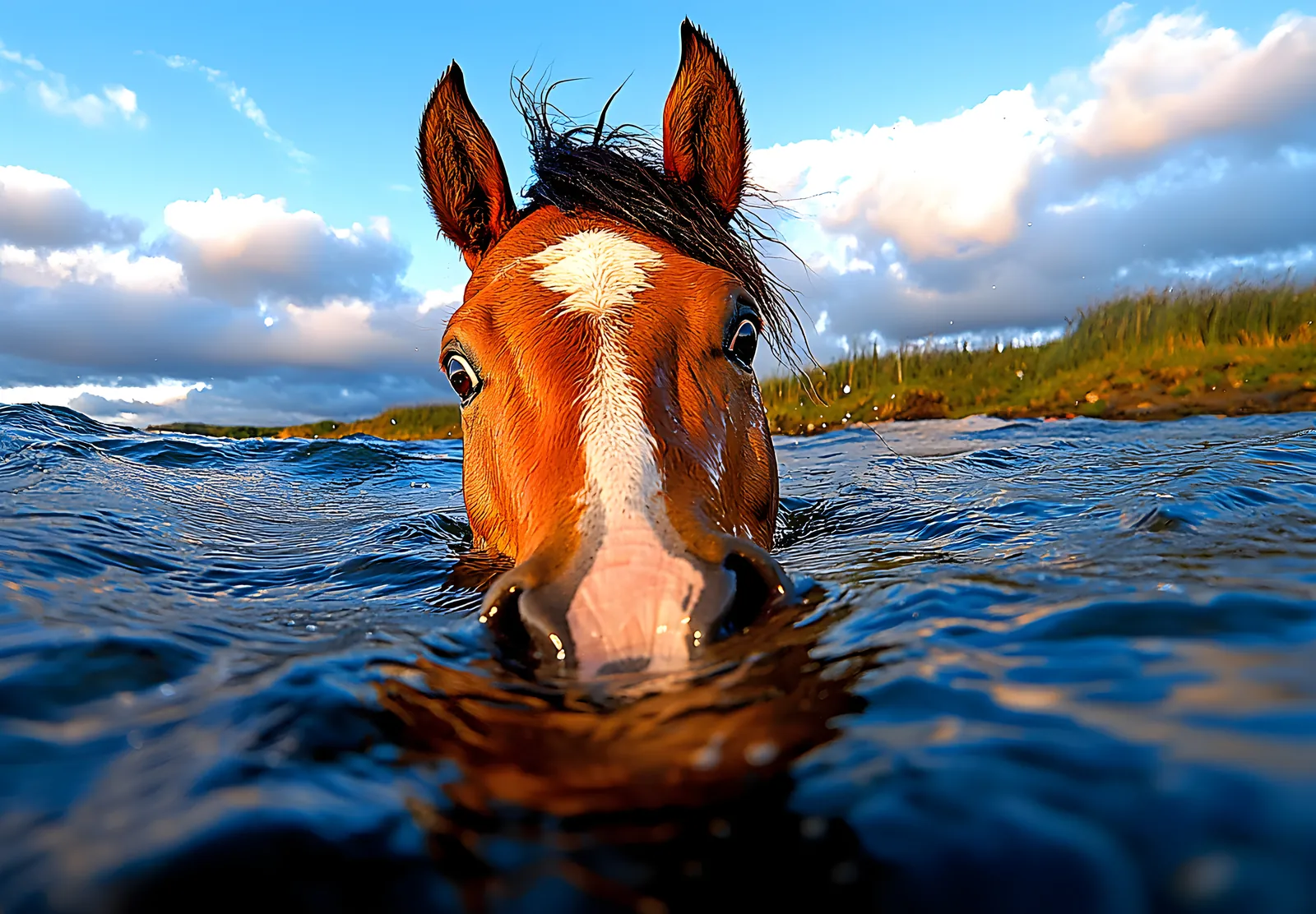 A chestnut horse swimming toward the camera in blue water
